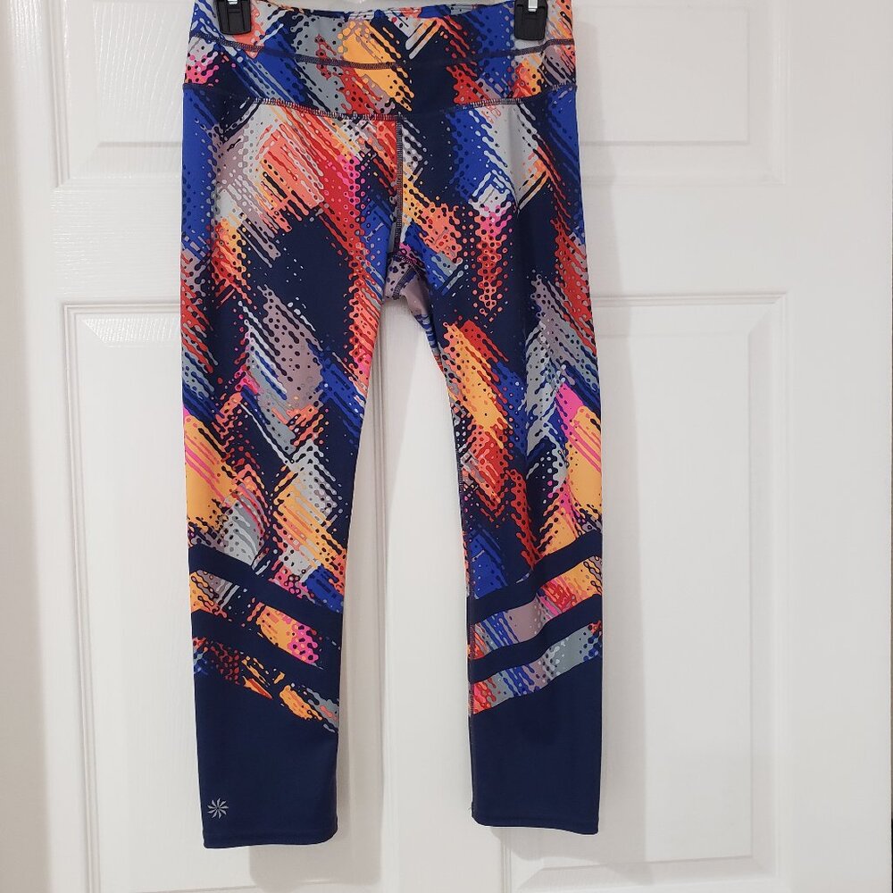 Athleta Sona‎ Capri Women's Geometric Navy Leggins Zip Back Pocket Size Small